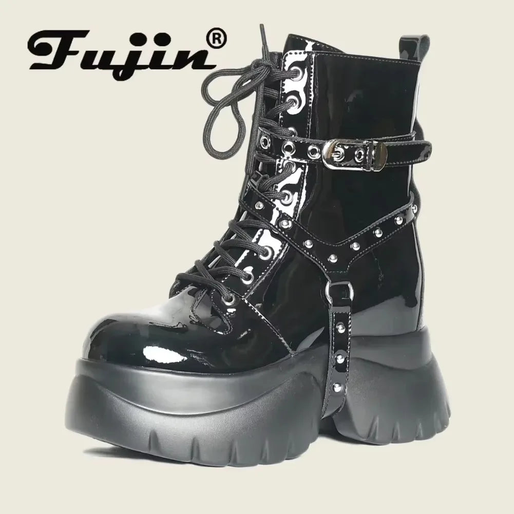 Fujin 10cm Genuine Leather Women Boots Women Motorcycle Boots Ankle Punk Style Combat Boots Platform Heel Wedge Chunky Booties