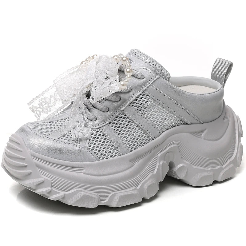 AUTUSPIN 8cm Air Mesh Synthetic Leather Vulcanize Shoes Platform Wedge Fashion Women Ins Tide Slippers Summer Breathable Sneaker