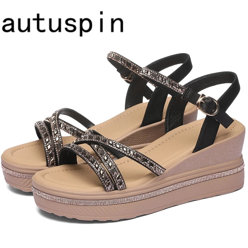 AUTUSPIN 6.5cm Wedge Platform Women Sandals Summer Fashion Genuine Leather Ankle Strap High Heels Ladies Rhinestone Bling Shoes