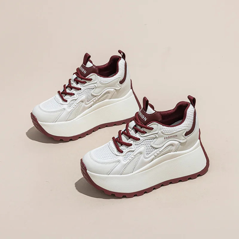 Fujin 8cm Air Mesh Microfiber Vulcanize Chunky Sneaker Lace Up Shoes Fashion Synthetic Leather Flats Platform Wedge Women Ladies