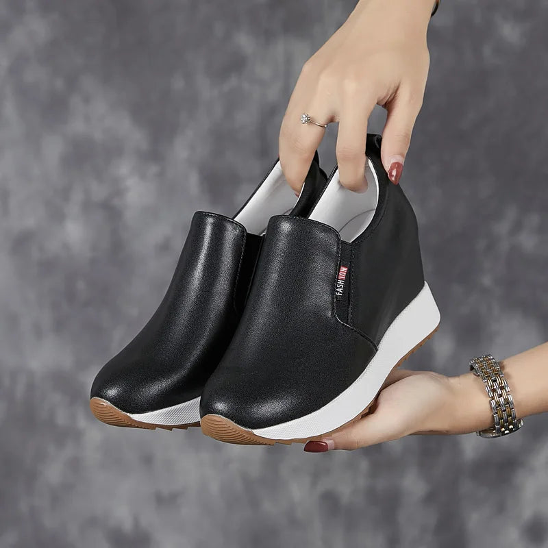 Fujin 7cm Genuine Leather Synthetic Boot Women  Fashion Ankle Platform Wedge Heels Pumps Autumn Spring Sexy Hidden Heels Boots