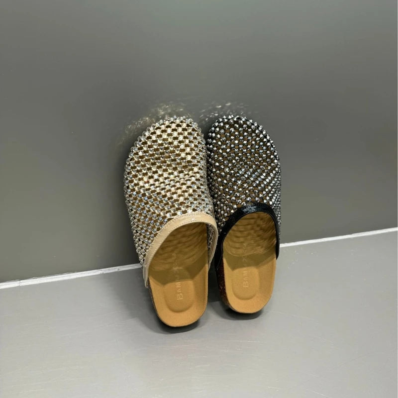 AUTUSPIN Women Tide Slippers Slip-on Ladies Shiny Crystal Shoes Fashion Round Toe Slides Female Party Leisure Flats Sandals