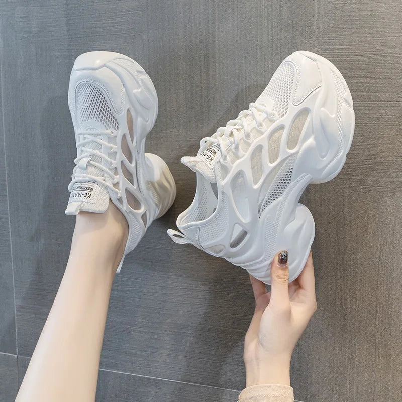 DRKANOL 2025 Fashion Women Thick Sole Casual Sneakers Summer Breathable Air Mesh Height Increasing Wedges White Vulcanized Shoes