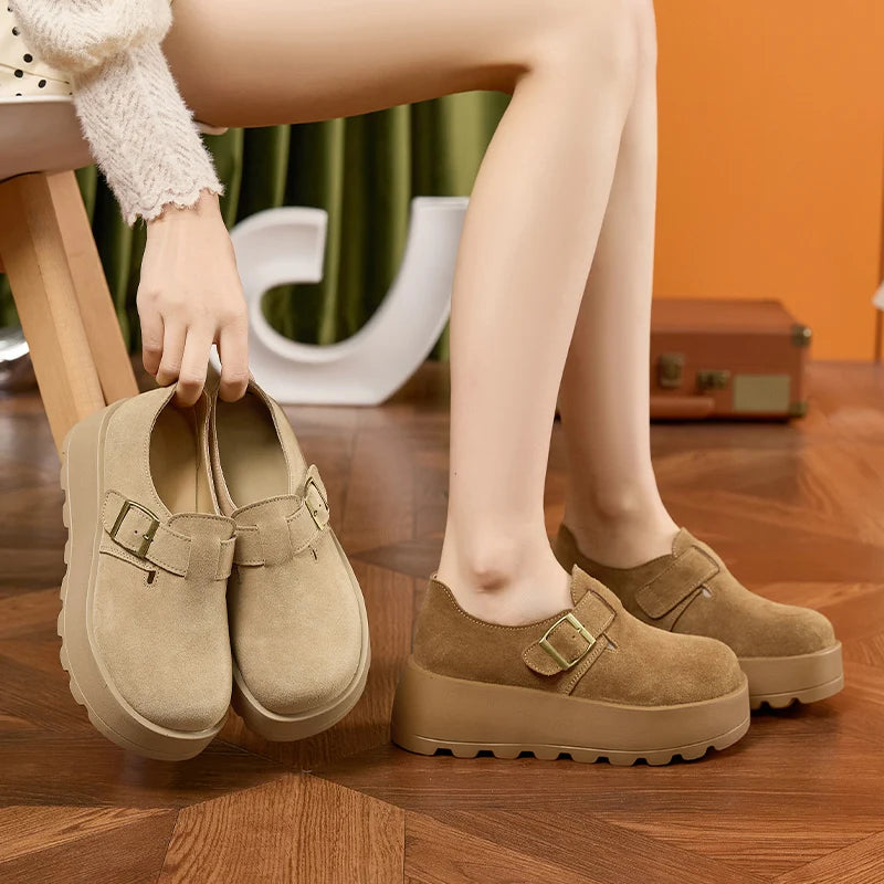 AUTUSPIN Women's Loafers Classic Soft Leather Platform Wedges Shoes 2025 Spring Autumn Buckle Round Toe Female Footwear Woman