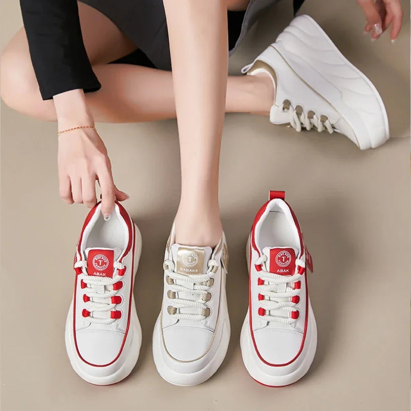 Fujin 7cm Cow Genuine Leather Chunky Sneakers Loafer Spring Women Platform Wedge Flats Autumn Vulcanize Shoes