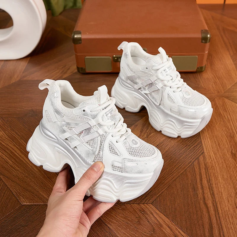 AUTUSPIN 9.5cm Grey Thick Bottom Shoes Women Summer Air Mesh Sneakers Leisure Footwear Female Street Tide High Platform Shoes