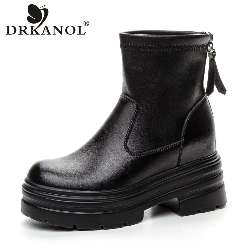 DRKANOL 2025 Autumn Winter Warm Platform Ankle Boots For Women 9cm Thick High Heel Height Increasing Zipper Black Cotton Boots