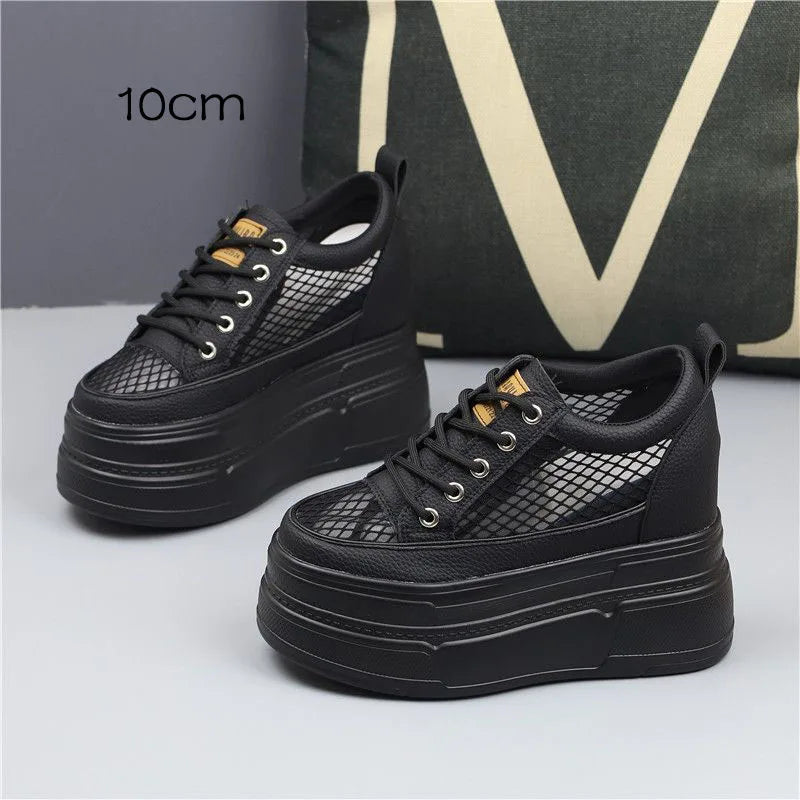 Fujin 10cm 12cm 14cm Air Mesh Leather Breathable Pumps Summer Fashion Chunky Sneaker Heels Sandals Platform Wedge Hollow Shoes