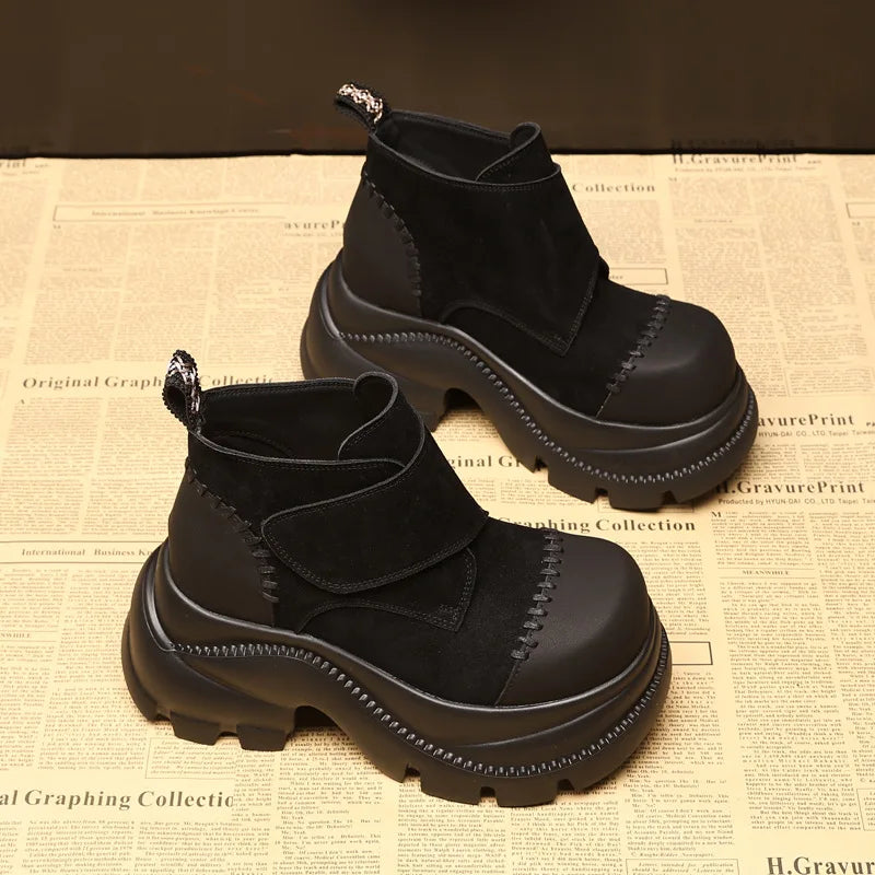 Fujin 9cm Genuine Leather Women Ankle Boots Chunky Heel Platform Booties Spring Autumn Shoes Comfortable Non Slip Fashion Boots