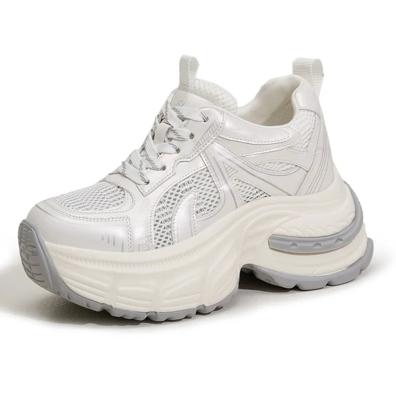 Fujin 9cm Air Mesh Microfiber Leather Women Casual Hidden Heel Shoes Chunky Sneakers Vulcanize Platform Wedge Skateboard