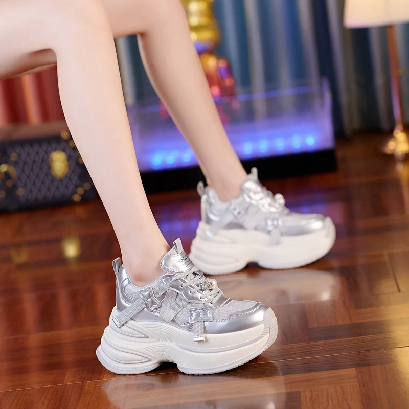 AUTUSPIN 8cm Genuine Leather Bling Shoes for Women Autumn Winter Thick Platform Fashion Sneakers Chunky Walking Shoes Female