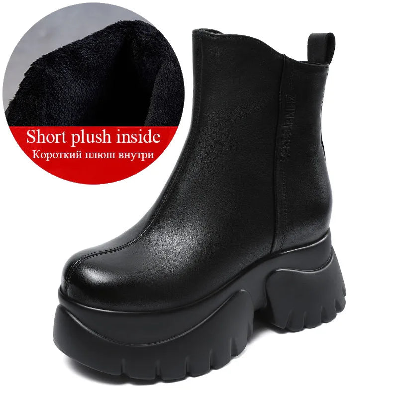 DRKANOL Women Genuine Leather Boots 2025 Autumn Winter Warm Platform Height Increasing 9.5cm High Heel Retro Casual Ankle Boots