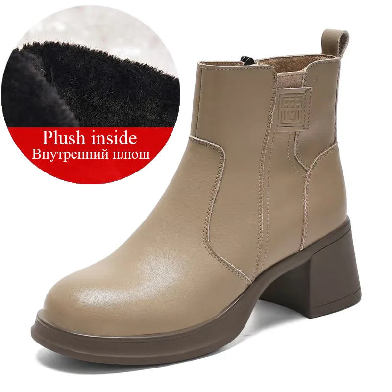 DRKANOL 2025 Women High Heel Ankle Boots Autumn Winter Plush Warm Shoes Quality Real Cowhide Trend Thick Heel Casual Short Boots