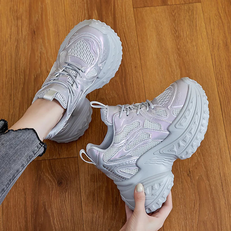 Fujin 12cm Air Mesh Microfiber Genuine Leather Spring Shoes Ankle Booties Women Vulcanize Chunky Sneakers Platform Wedge Autumn