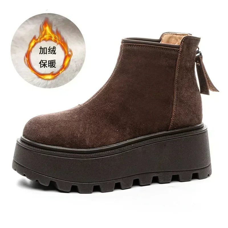 Fujin 7cm Suede Cow Genuine Leather Snow Boots Women Ankle Booties Platform Wedge Winter Plush Chelsea Boots Shoes for Women