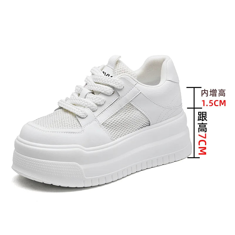 Koznoy 8.5cm Air Mesh Microfiber Leather Women Vulcanize Summer Breathable Lady High Brand Chunky Sneakers Platform Comfy Shoes