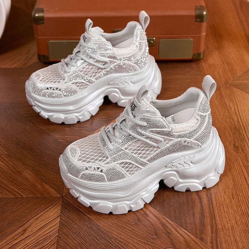 AUTUSPIN 9cm Women Internal Heighten Shoes Summer Patchwork Mesh Crystal Shiny Shoes Ladies Thick Bottom Platform Chunky Sneaker