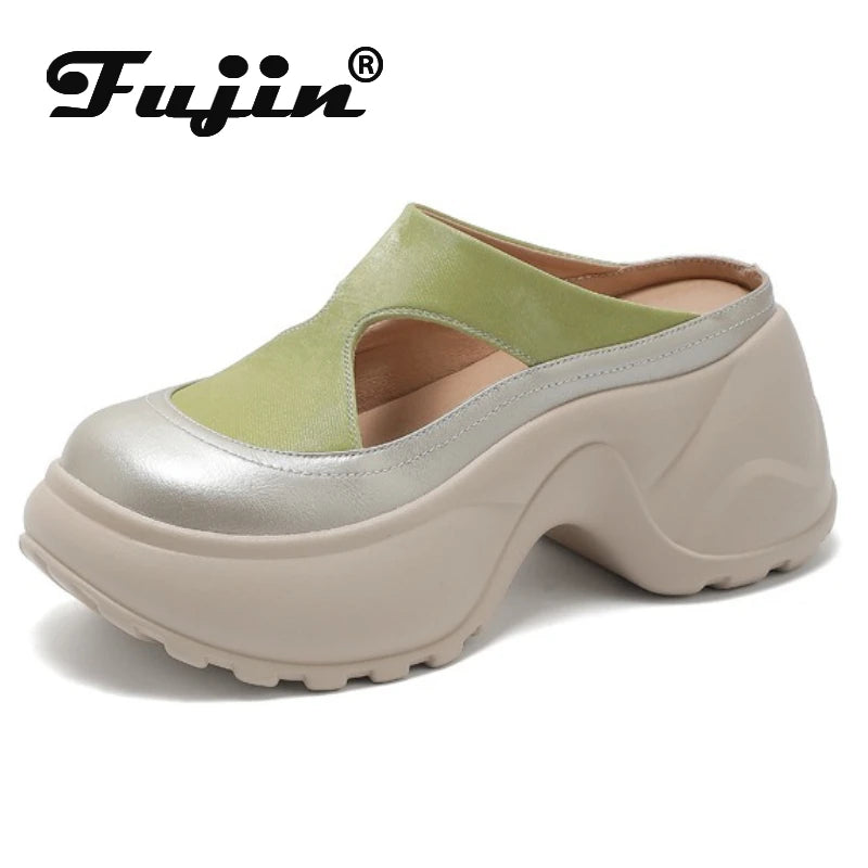 Fujin 8.5cm Microfiber Leather Slippers Slip on Round Toe Platform Flats Fabric Women Sandals Platform Wedge Flats Shoes Fashion