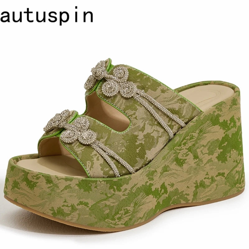 AUTUSPIN 10cm Wedges Heels Women Summer Sandals Ethnic Style Peep Toe Mules Shoes Female Party Wedding Dress Platform High Heel