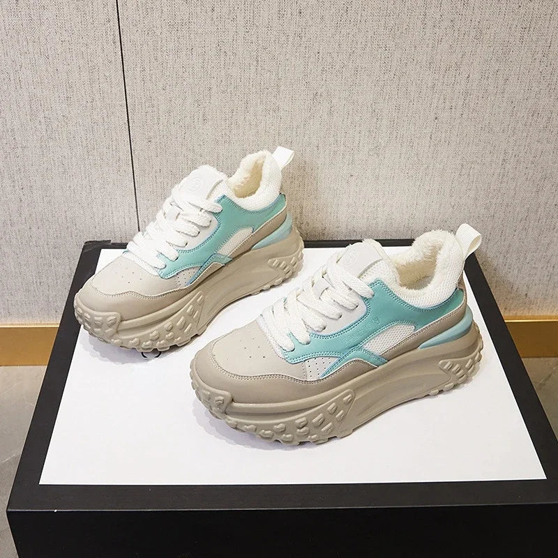 Fujin 6cm Genuine Leather Platform Mesh Breathable Sneakers Chunky Hidden Heel Mixed Color Women Autumn Spring Vulcanize Shoes