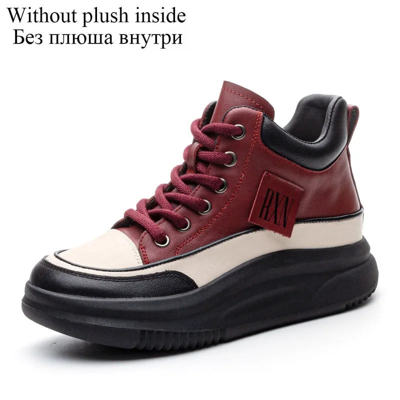 DRKANOL 2025 Women Chunky Platform Ankle Boots Mixed Colors Genuine Cow Leather Lace-Up Thick Soled Wedges Heel Cotton Boots