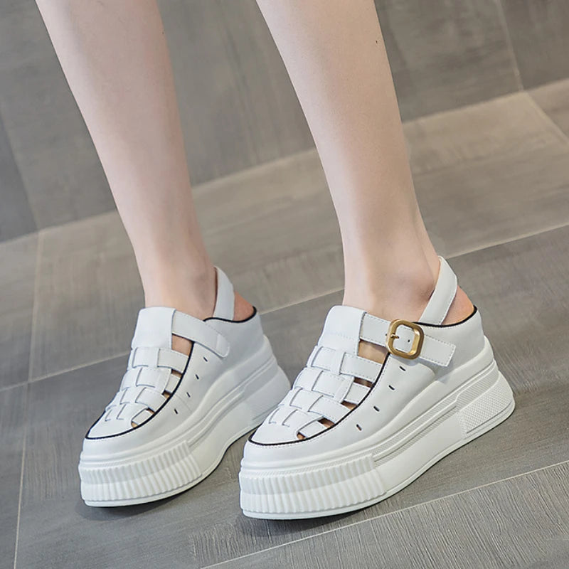 Fujin 8cm Platform Wedge Buckle Weave Sandals Ladies Shoes Women Moccasins Summer Retro British Natural Cow Genuine Leather