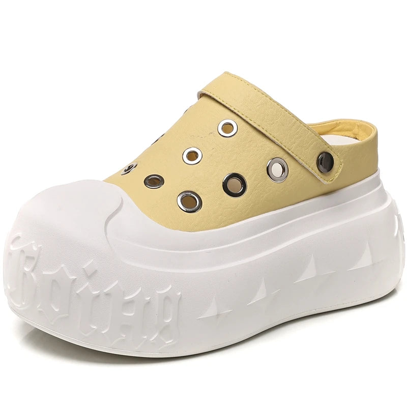 AUTUSPIN Summer Hollow Sandals for Women Fashion Design Female Soft Leather Mules Shoes Ladies Beach Platform Chunky Slippers