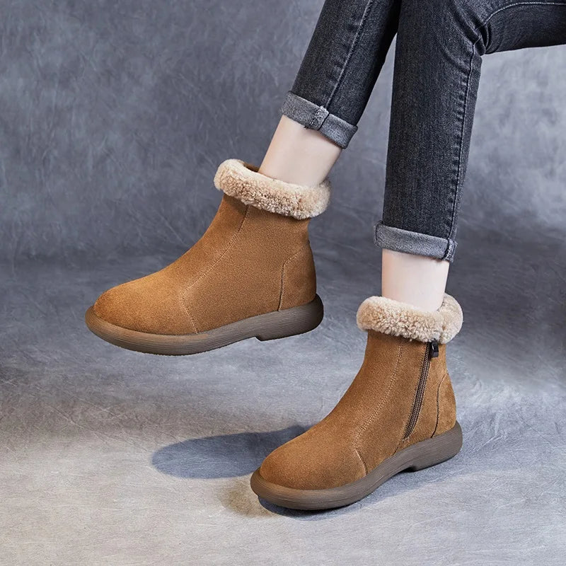 DRKANOL 2025 Fashion Women Snow Boots Quality Cow Suede Leather Winter Fur Warm Flat Heel Side Zipper Casual Short Ankle Boots