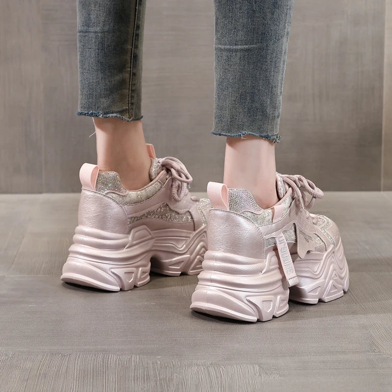 AUTUSPIN 8cm Pink Thick Bottom Shoes for Women Spring Summer Rhinestones Chunky Platform Sneakers Woman Outdoor Tide Fashion