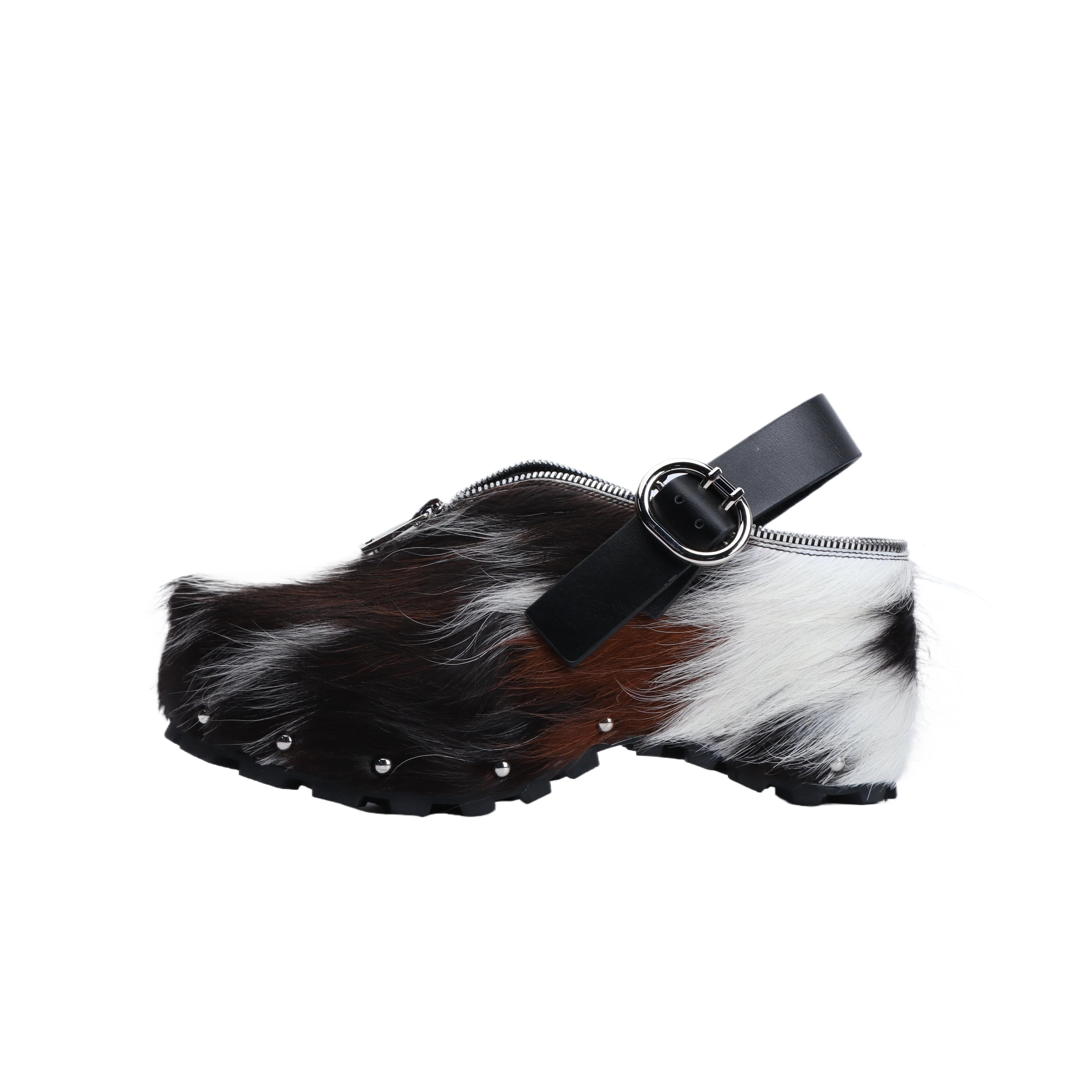 Adjustable Zipper, Luxury Designer Mule Sandals for Women, Handmade Cowhide Fur, Rubber Sole, Latex Insole, Trendy Summer Slides