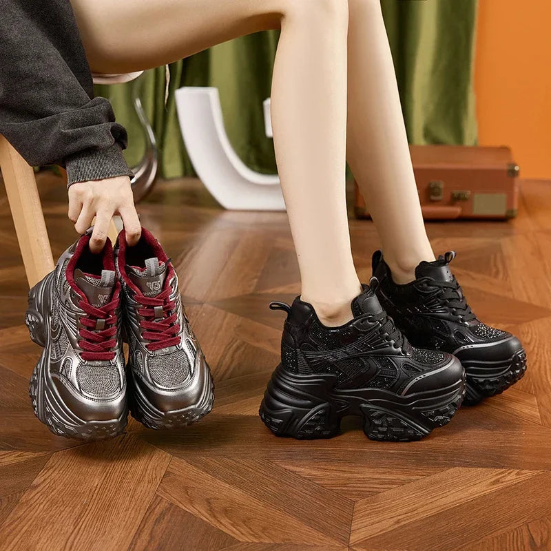 AUTUSPIN 8cm Fashion Platform Warm Velvet Sneakers Winter High Chunky Flats Shoes Ladies Tide Crystal Decoration Luxury Sneaker