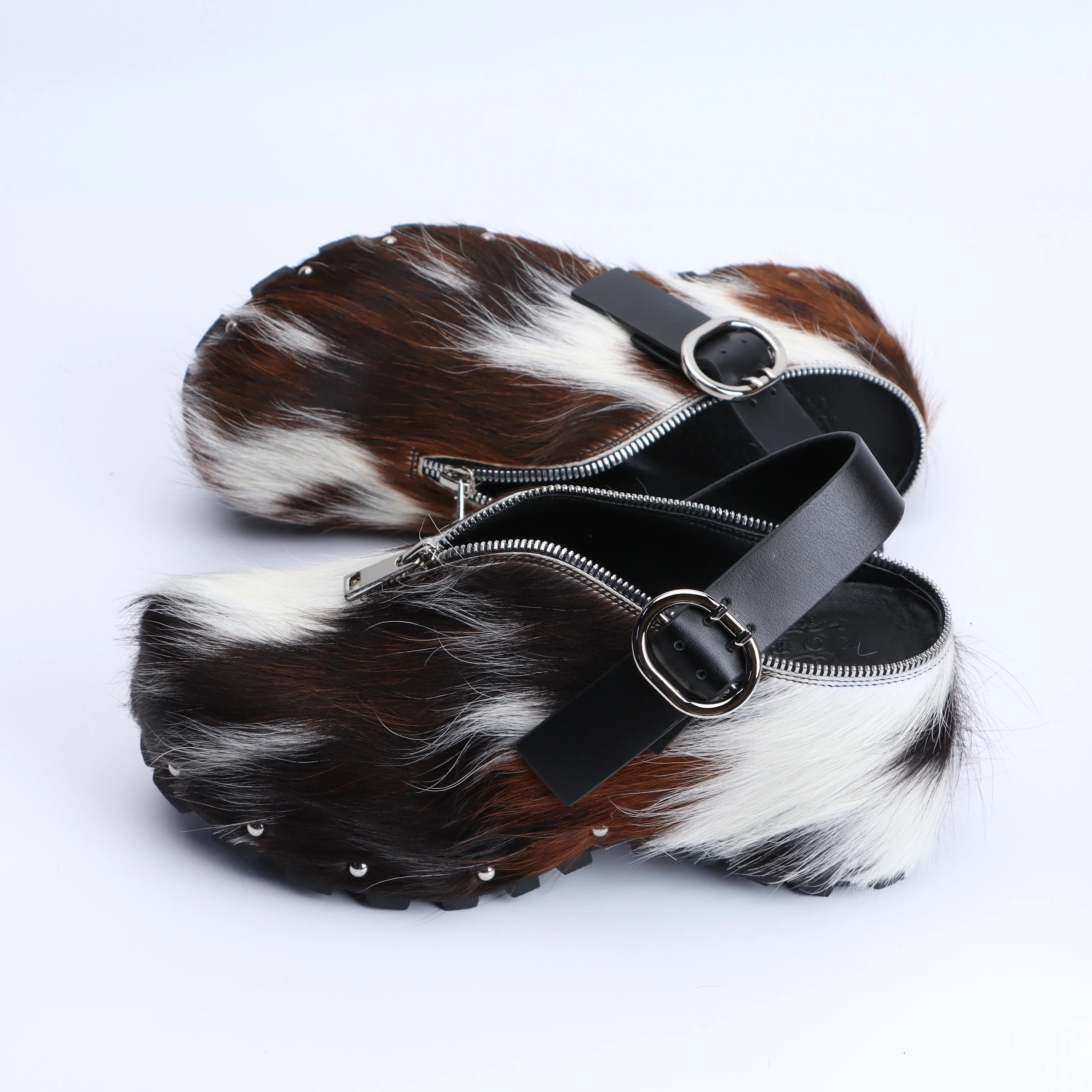 Adjustable Zipper, Luxury Designer Mule Sandals for Women, Handmade Cowhide Fur, Rubber Sole, Latex Insole, Trendy Summer Slides