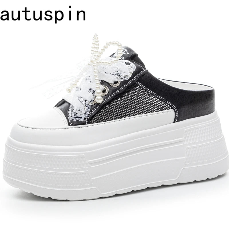 AUTUSPIN 8cm Women Lace Shoes Summer White Cover Toe Slippers High Platform Ladies Casual Sports Sneakers Fashion Sandals Woman