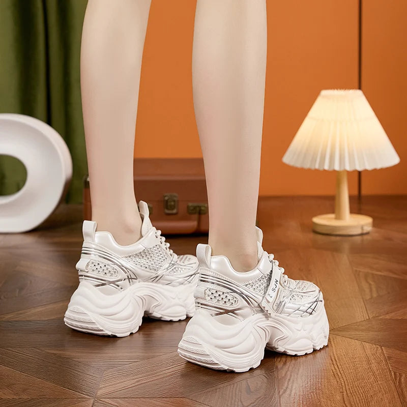 AUTUSPIN 9cm White Chunky Sneakers Women Summer Autumn Bling Rhinestones Shoes for Girls Thick Platform Footwear Size 34-39