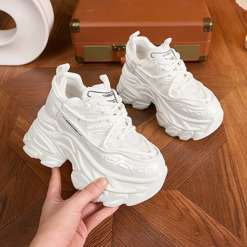 AUTUSPIN White Thick Bottom Women Shoes 2025 Spring Summer Breathable Mesh Splicing Leather Sneakers Female Outdoor INS Popular