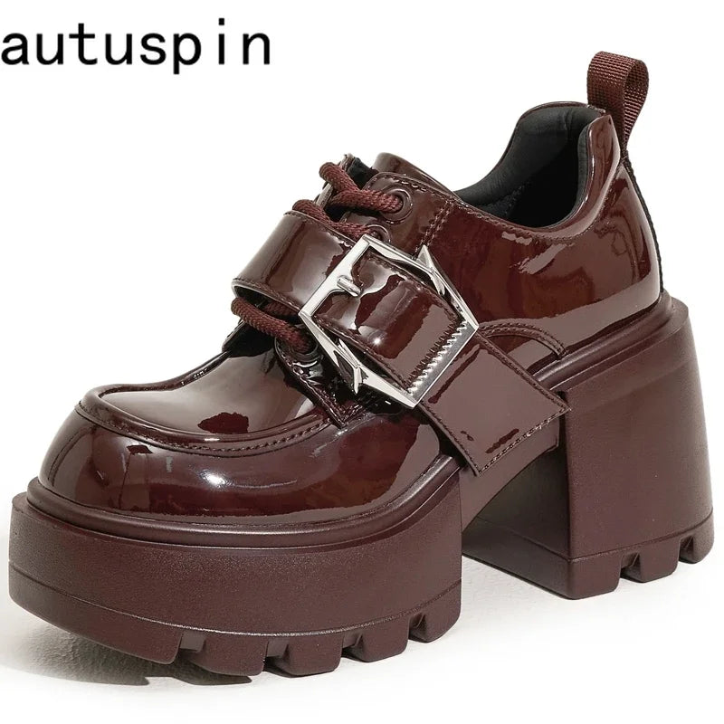 AUTUSPIN 8.5cm Square Thick High Heels Women Winter Autumn Patent Leather Pumps Female Leisure Concise Mary Janes Oxfords Shoes