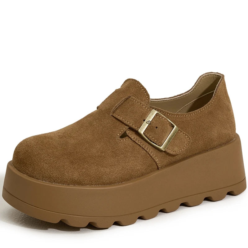 AUTUSPIN Women's Loafers Classic Soft Leather Platform Wedges Shoes 2025 Spring Autumn Buckle Round Toe Female Footwear Woman