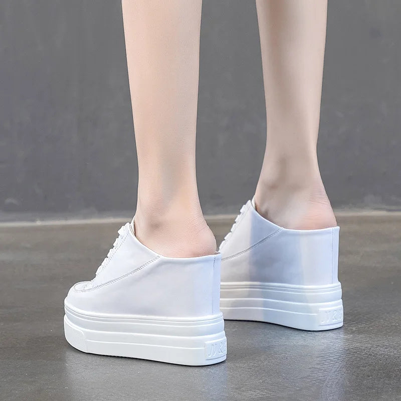 Fujin 11cm Platform Wedge Women Shoes Mules Genuine Leather Hidden Heel Women Summer Shoes Slides Sandals Slippers Spring Autumn