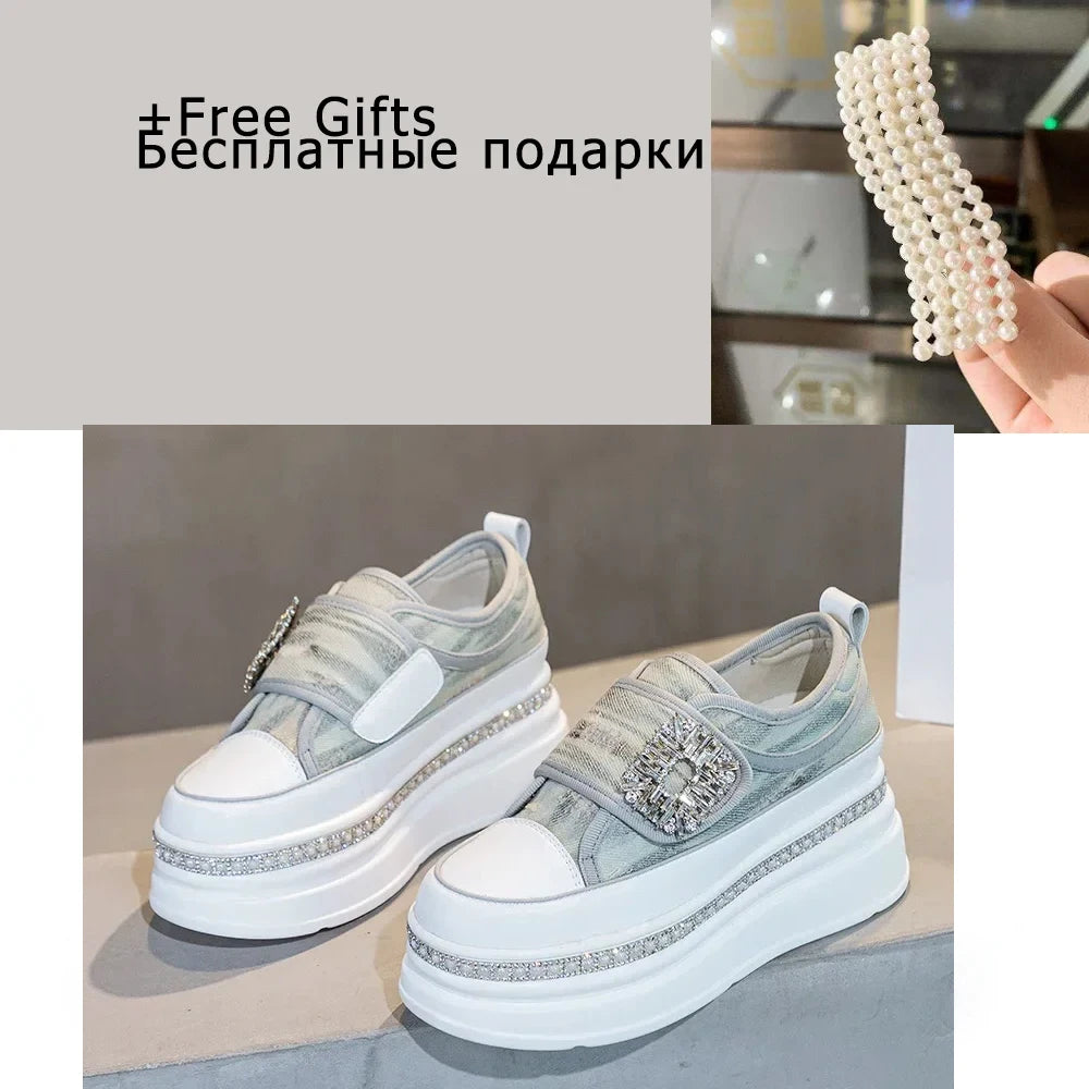 Fujin 6cm Denim Platform Wedge Genuine Leather Casual Spring Summer Autumn Comfy High Brand Chunky Sneakers Hidden Heels Shoes