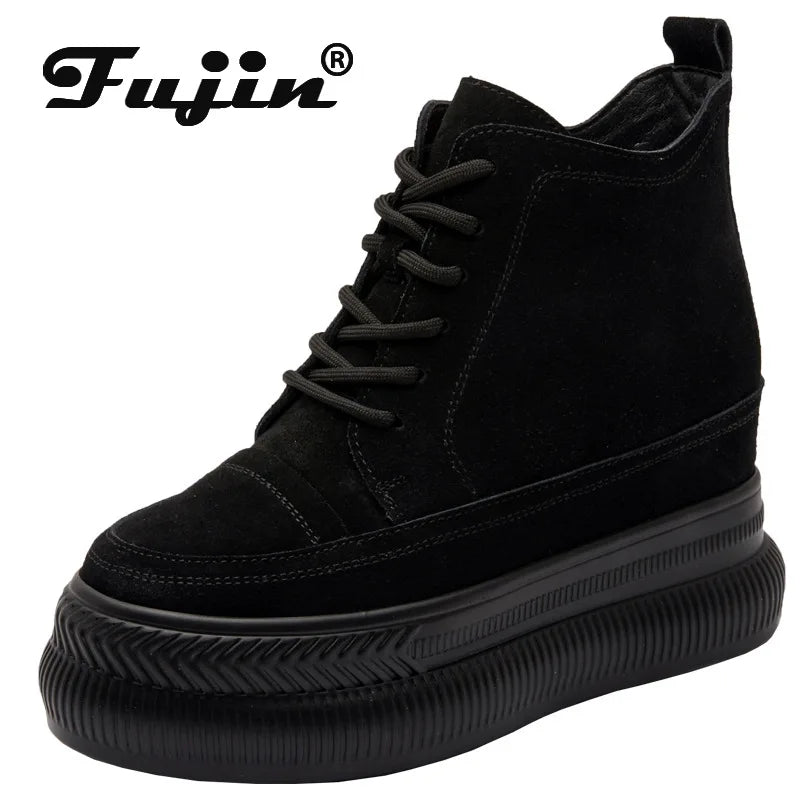 Fujin 10cm Suede Cow Genuine Leather Spring Motorcycle Fashion ZIP Ankle Boots Platform Wedge Flats Women Autumn British Shoes