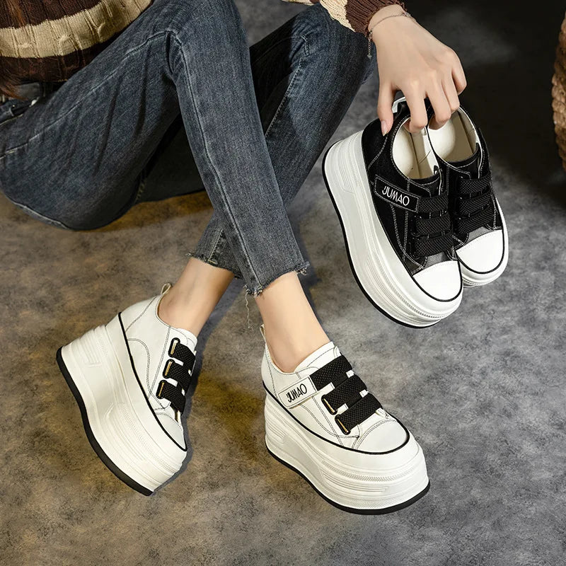 Koznoy 12cm Genuine Leather Motorcycle Fashion Spring Moccasins Autumn Lace Up  Ankle Booties Platform Wedge Women Sneaker Shoes