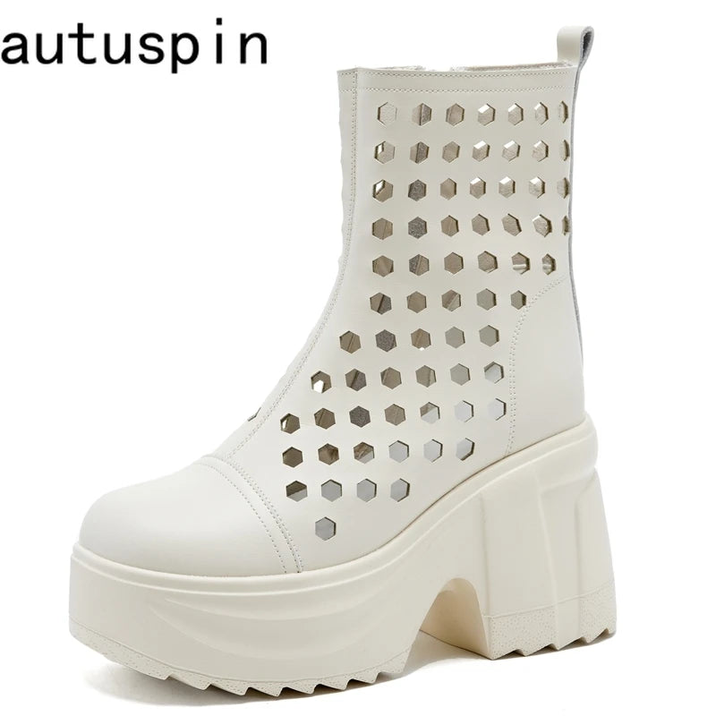 Autuspin 10cm Women Summer Short Boot Fashion Hollow Genuine Leather Thick High Heels Ladies Round Toe Ankle Boots Shoes Woman