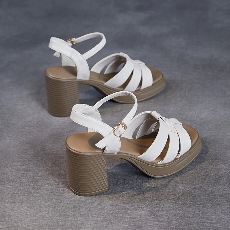 DRKANOL 2025 Fashion 8cm High Heel Sandals Women Genuine Cow Leather Weave Buckle Strap Open Toe Chunky Platform Casual Sandals