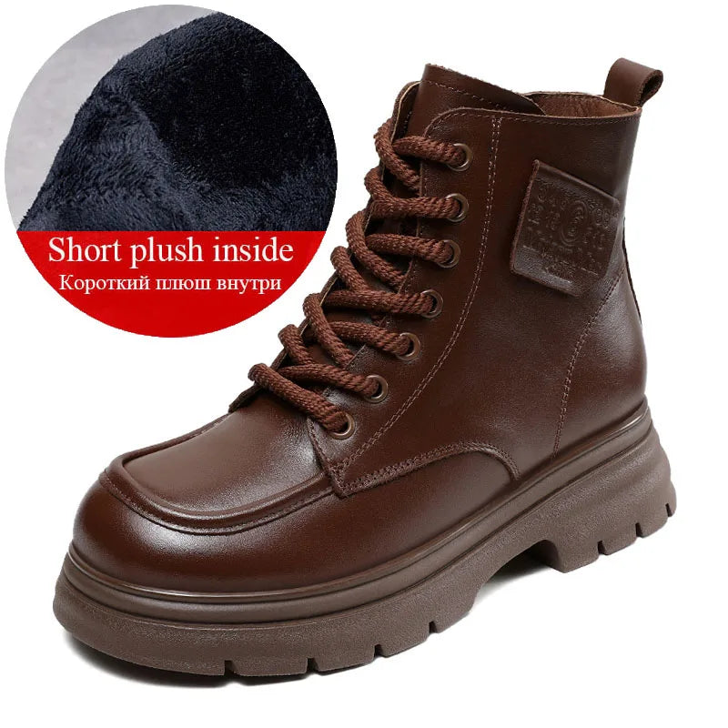 DRKANOL 2025 British Style Women Genuine Cow Leather Ankle Boots Autumn Winter Warm Thick Heel Platform Retro Casual Short Boots