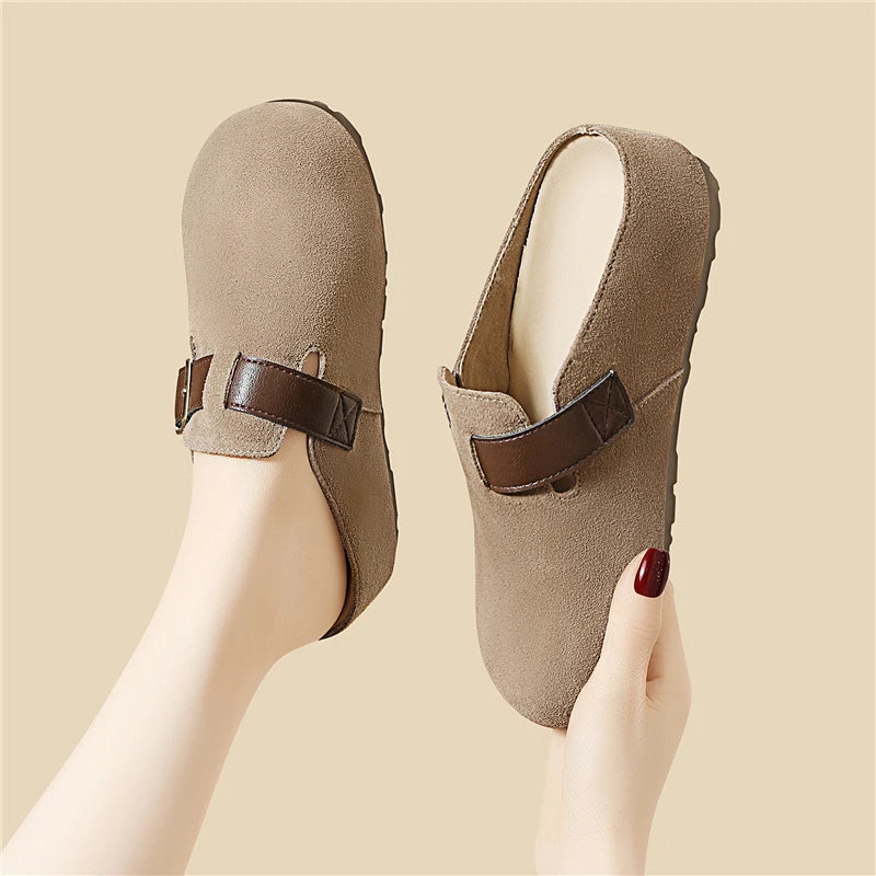 AUTUSPIN Fashion Round Toe Slides Shoes Women 2025 Summer Spring Suede Leather Mules Slippers Female Lazy Slip on Loafers Woman