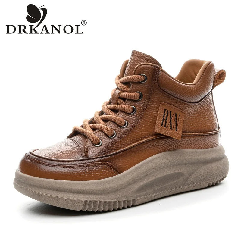 DRKANOL Fashion Autumn Winter Chunky Platform Warm Ankle Boots For Women Genuine Cow Leather Wedges Heel Casual Short Boots Lady