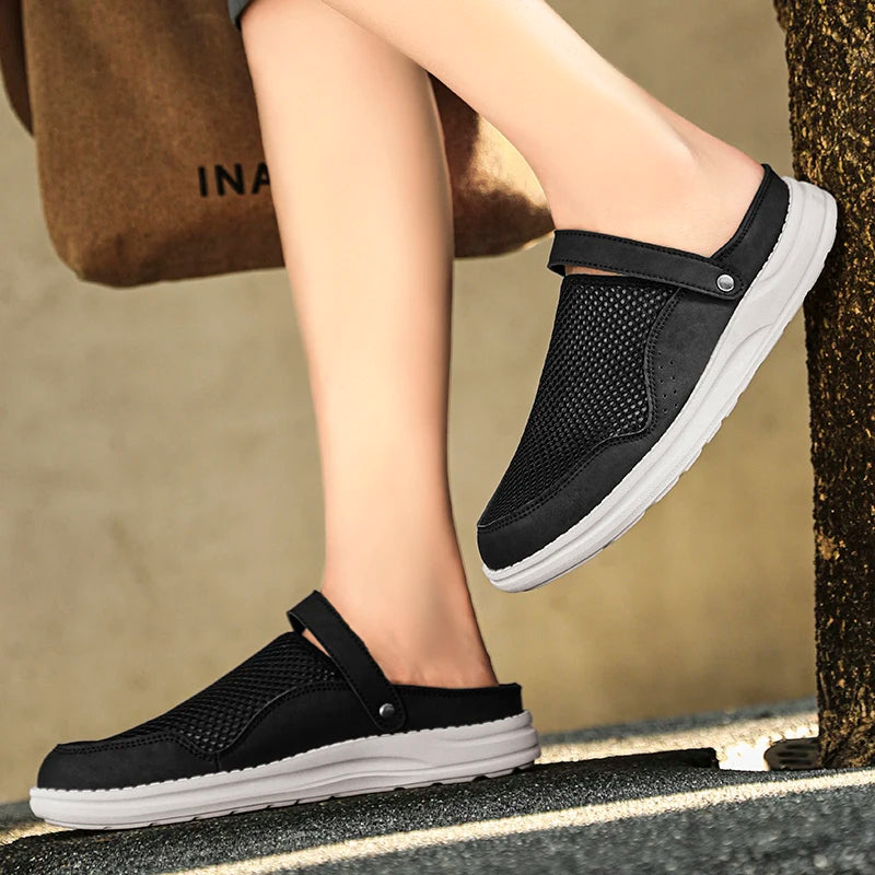 Luxury Men Slipper Comfy Casual Breathable Mesh Shoes Mules Leather Soft Bottom Sandals Summer Outdoor Non-slip Walking Shoes