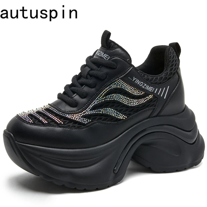 Autuspin 8cm Platform Mesh Women Crystal Shoes Summer Autumn Breathable Genuine Leather Sneaker Female Outdoor Leisure Shoes