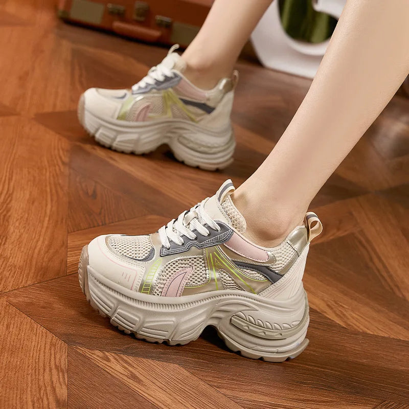 Fujin 9cm Air Mesh Microfiber Leather Women Casual Hidden Heel Shoes Chunky Sneakers Vulcanize Platform Wedge Skateboard