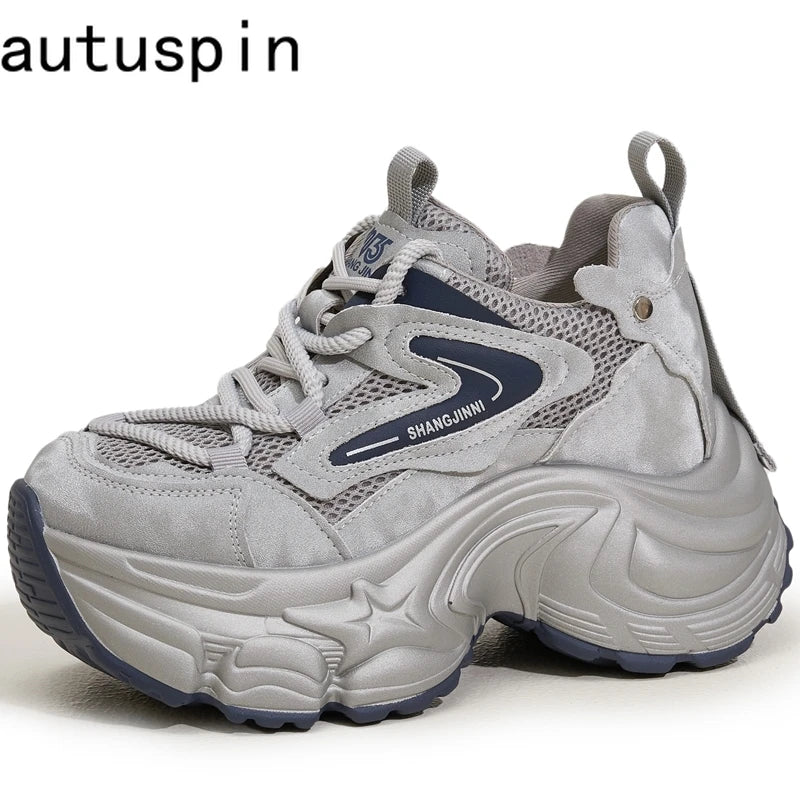 AUTUSPIN 9cm High Platform Shoes Women Winter Autumn New Retro Tide Chunky Sneakers Microfiber Leather Mesh Outdoor Leisure Shoe